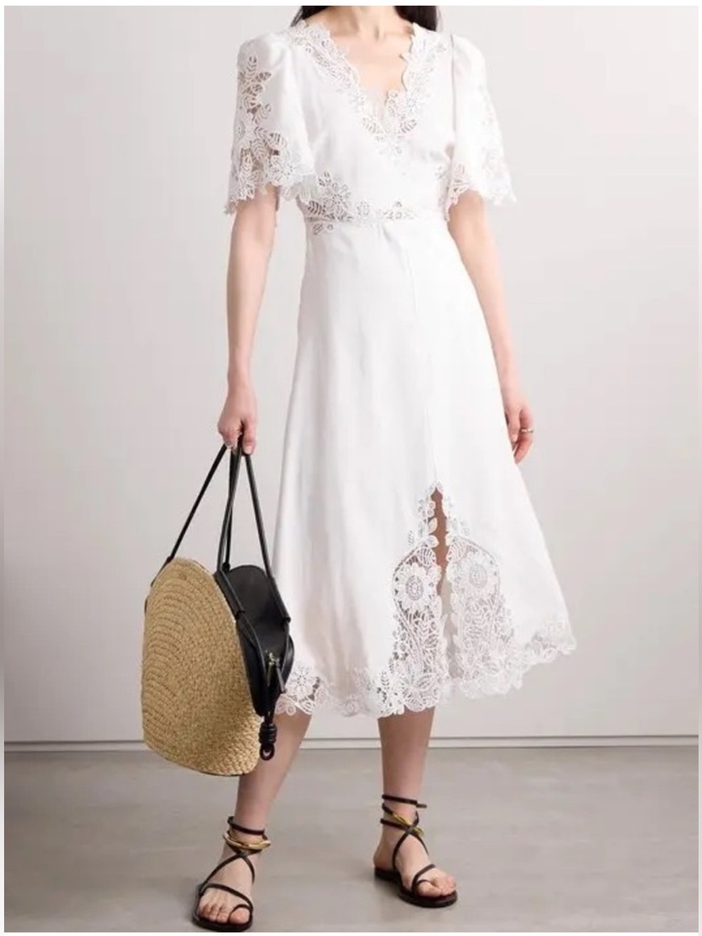 SEA Marcella Lace Trim Cotton Linen Blend Midi Dress White NWT Size 8